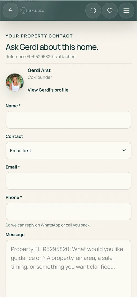The enquiry for that home on a phone: ask about this home, its reference attached, with name, contact, email and phone