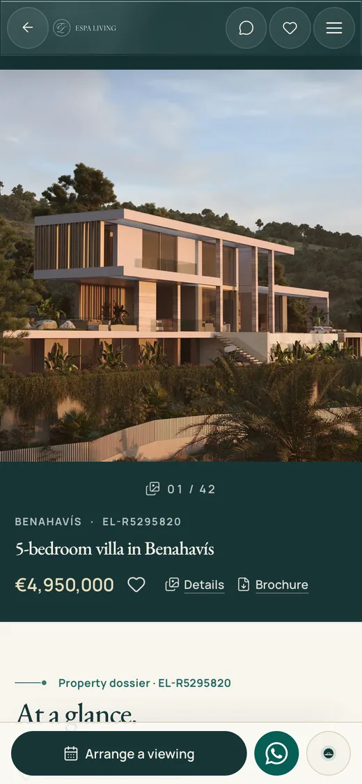 A home for sale on espaliving.com on a phone: a five-bedroom villa in Benahavís, its price, Details and Brochure, and Arrange a viewing under the thumb