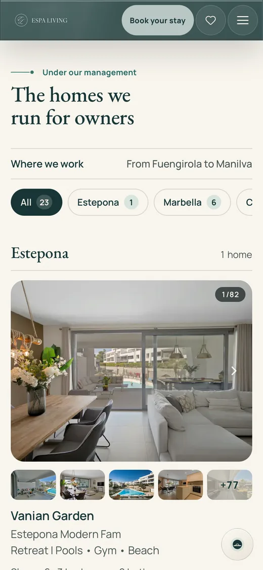 The holiday homes the agency runs, on a phone: by town, each with its photographs and See the home