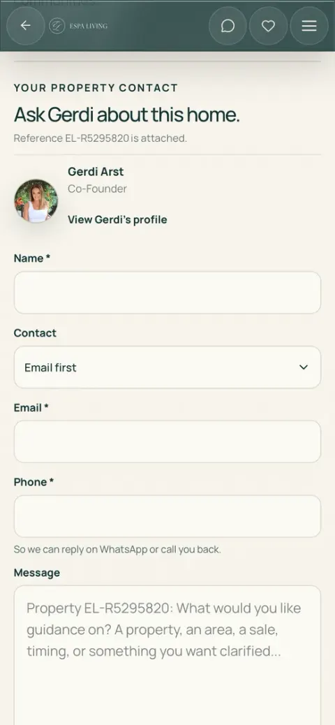 The enquiry for that home on a phone: ask about this home, its reference attached, with name, contact, email and phone