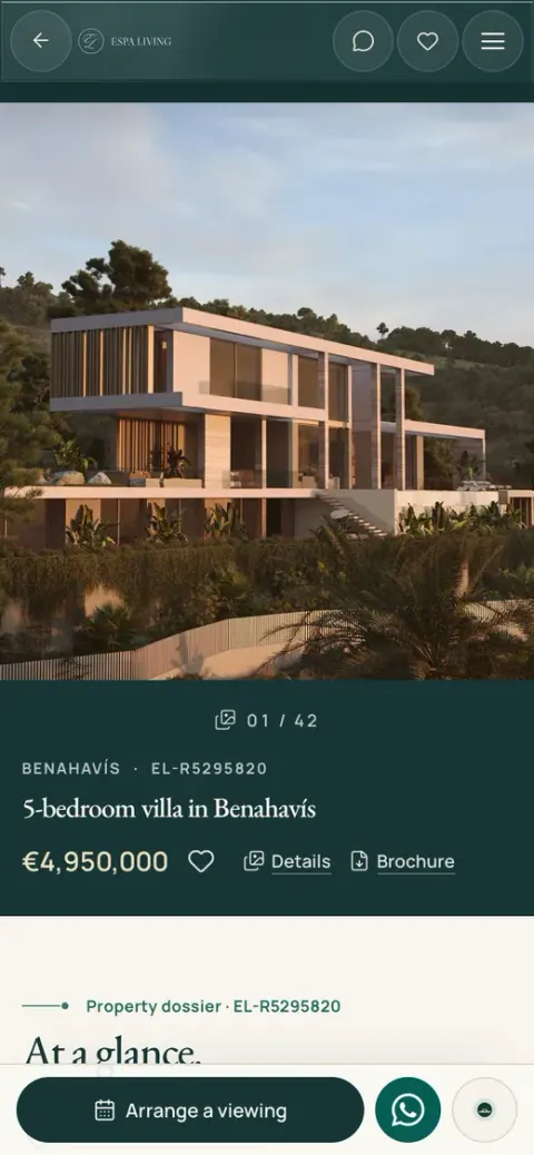 A home for sale on espaliving.com on a phone: a five-bedroom villa in Benahavís, its price, Details and Brochure, and Arrange a viewing under the thumb