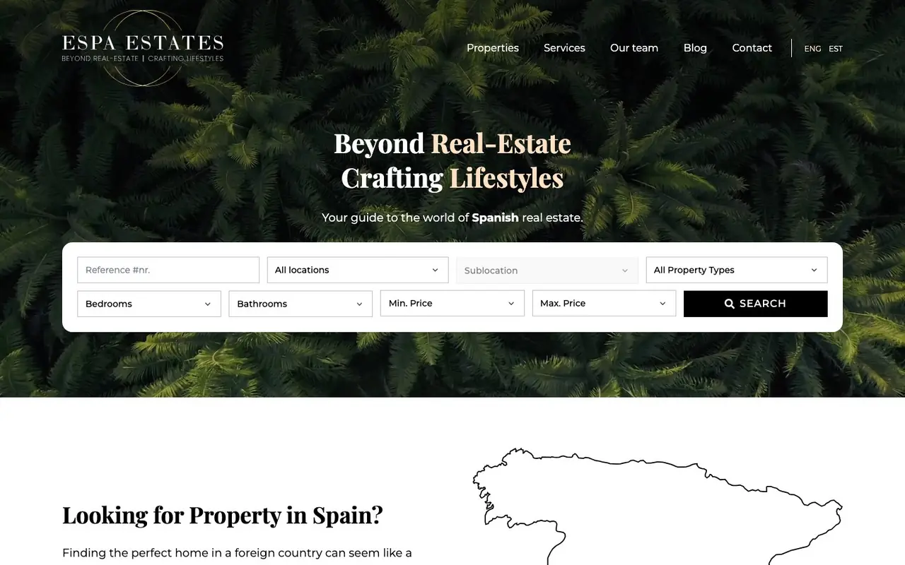 The old Espa Estates sales home page: a palm canopy, a headline and a property search form