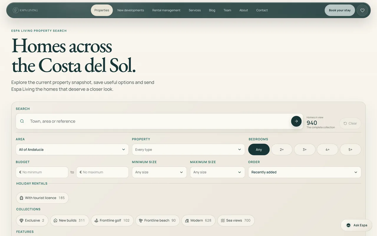 The property search on espaliving.com on a laptop: Homes across the Costa del Sol, a search by town, size and price, and the collections to narrow it