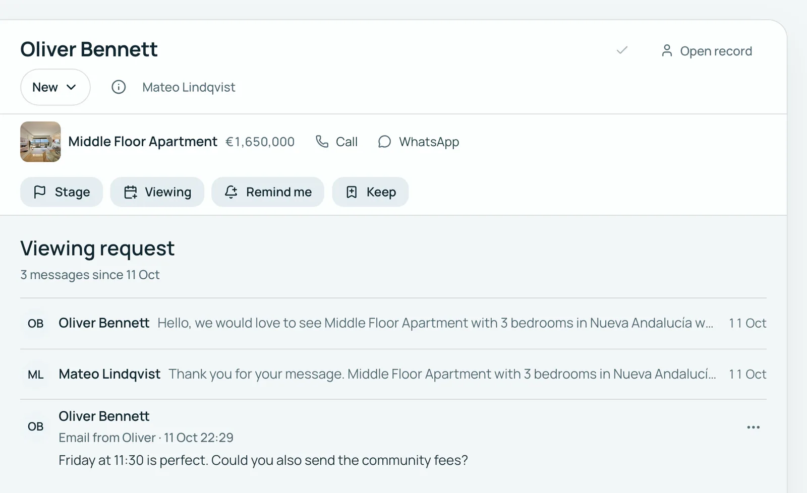 Made up for this page: the inbox, the messages waiting for an answer, and one opened with the home it asks about