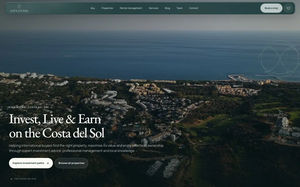 The home page of the new Espa Living build, on a desktop screen.