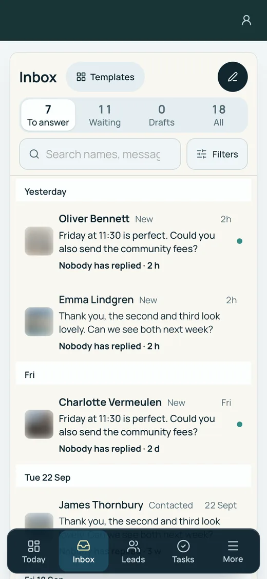 Made up for this page: the inbox on a phone, the messages waiting for an answer and how long each has waited