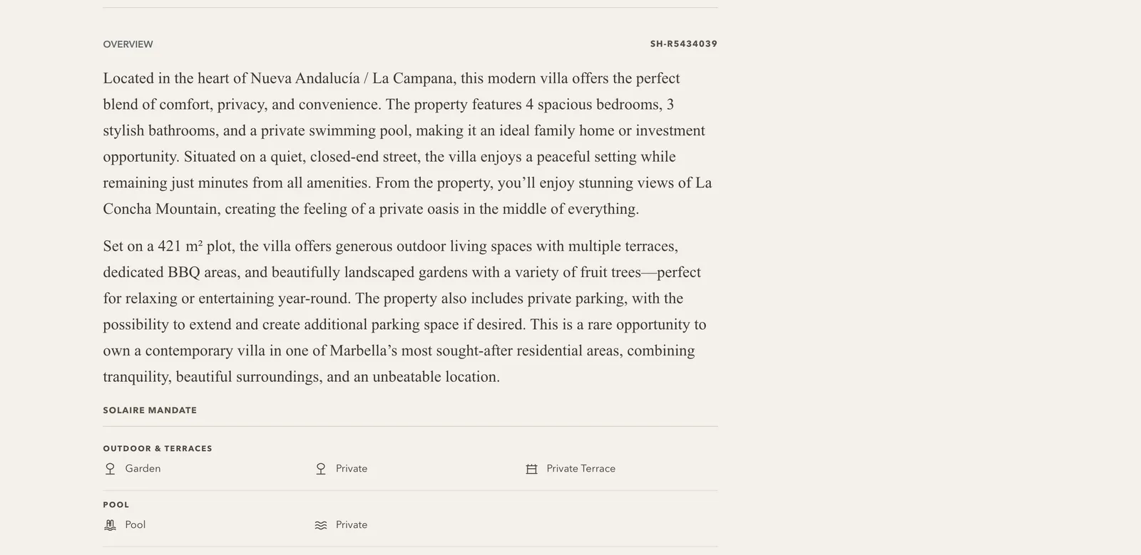A villa for sale at a desk: its overview, where it stands and what it offers, then its features