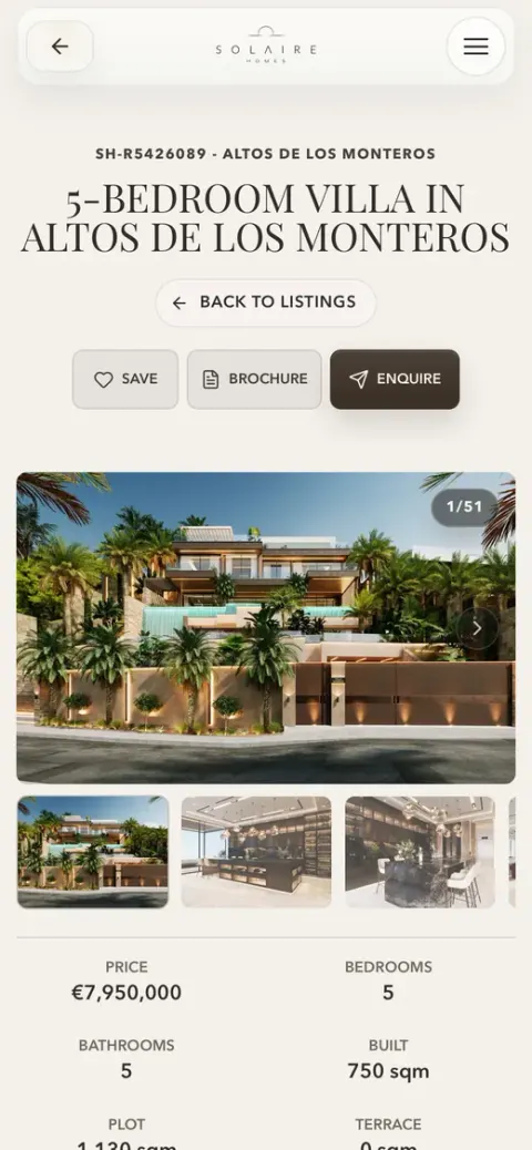 A home for sale on solairehomes.com on a phone: a five-bedroom villa, its photographs, Save, Brochure and Enquire, the price and its facts