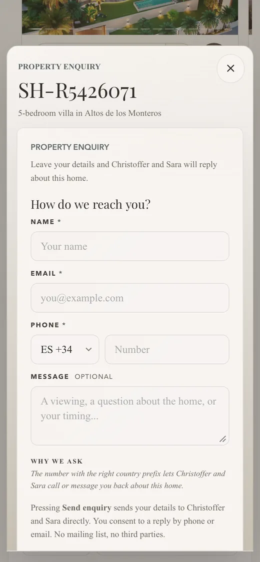 The enquiry for that home on a phone: How do we reach you, with name, email, phone and a message