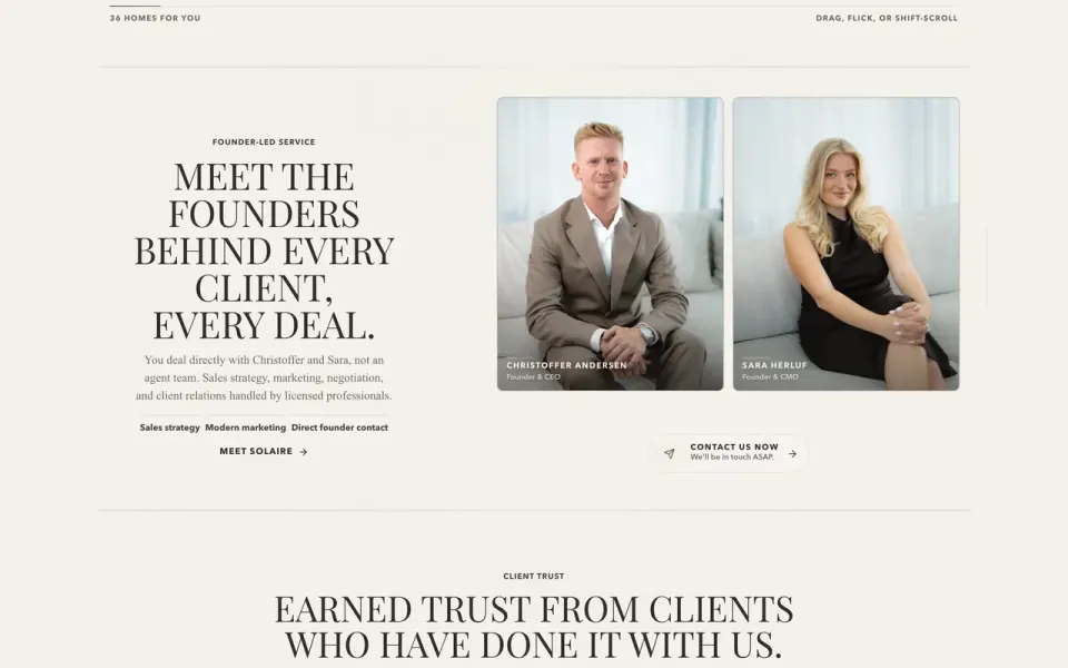 The Solaire Homes founders section at a desk: the line Meet the founders behind every client, every deal, beside portraits of the two founders