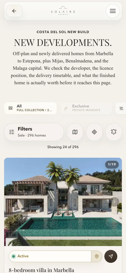 New developments on a phone: off-plan and newly delivered homes, the first with its photograph and price