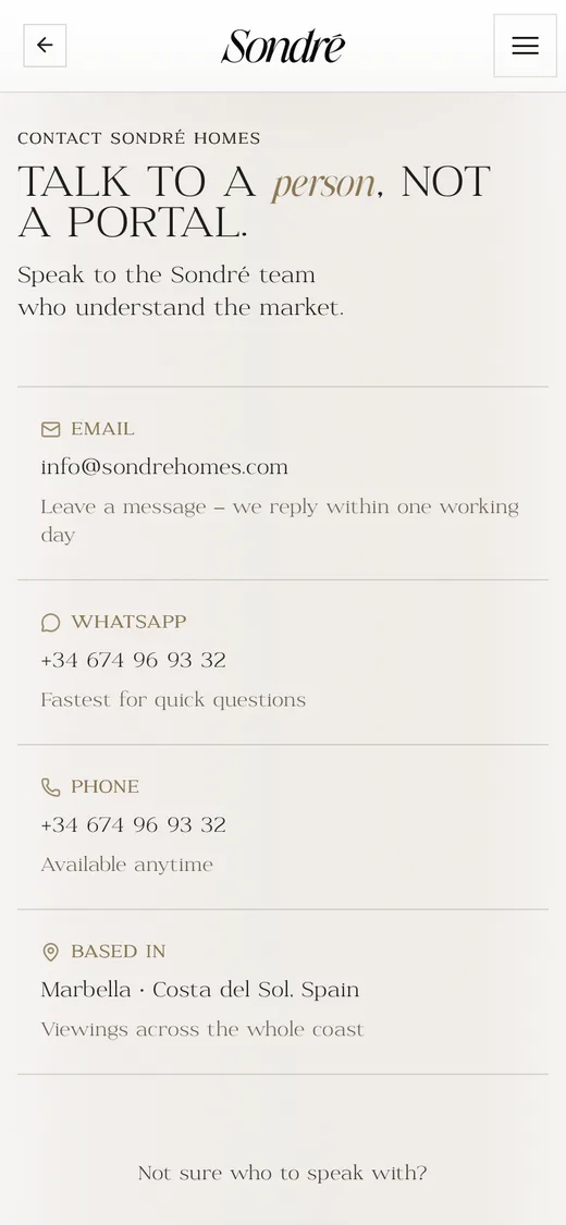 The contact page on a phone: Talk to a person, not a portal, with email, WhatsApp and phone