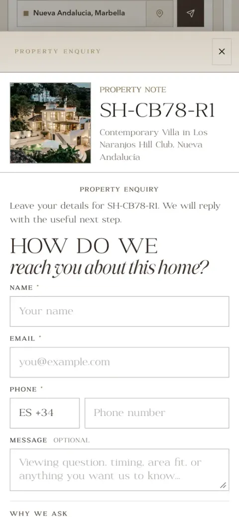The enquiry for that home on a phone: How do we reach you about this home, with name, email, phone and a message