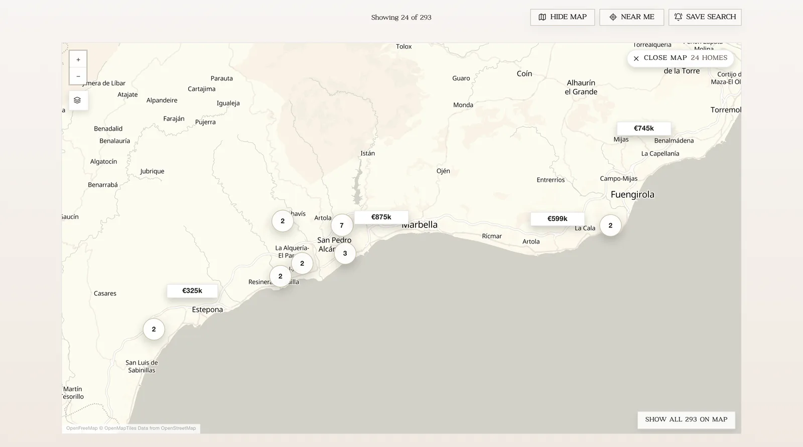 The homes on a map at a desk, with prices and how many homes stand in each place