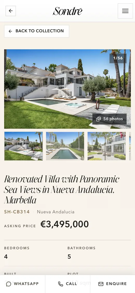 A home for sale on sondrehomes.com on a phone: a white villa with its pool, its photographs, the asking price and its facts