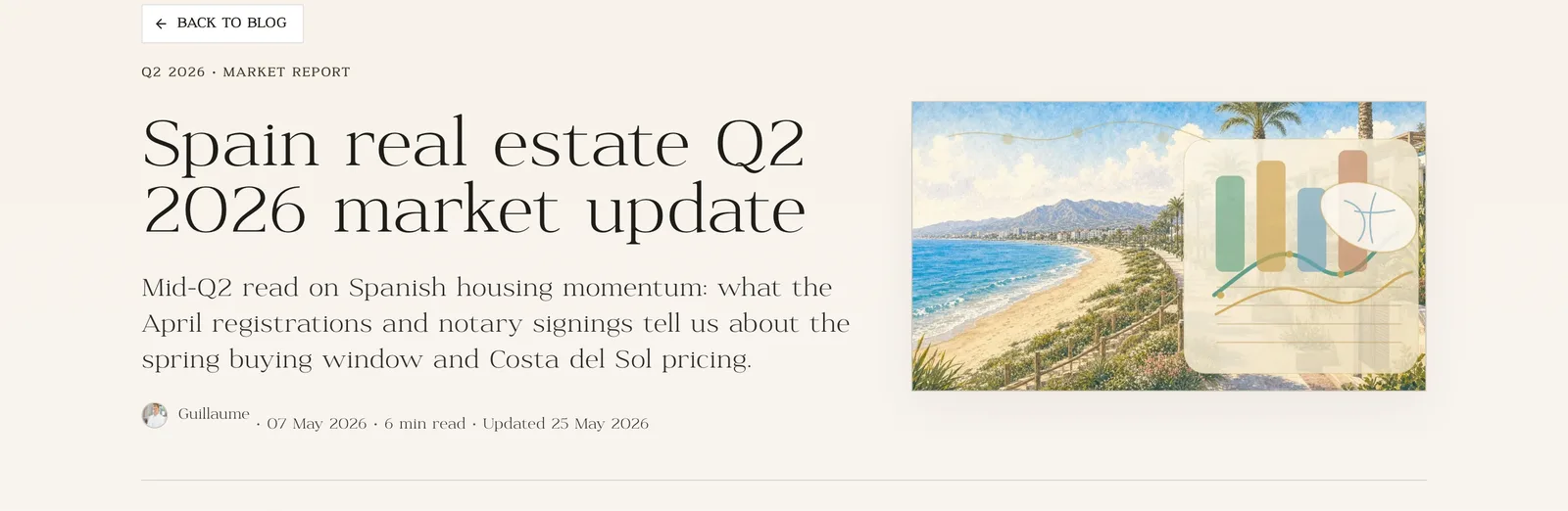 A market note at a desk: Spain real estate Q2 2026 market update, with its painted picture