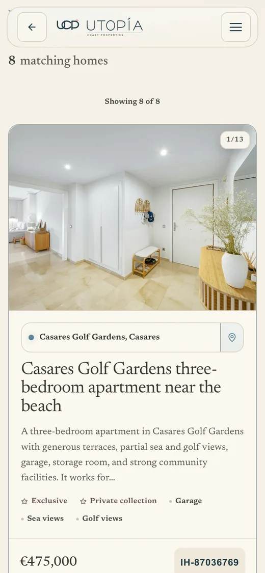 The homes for sale on a phone: a three-bedroom apartment near the beach, its price and its facts