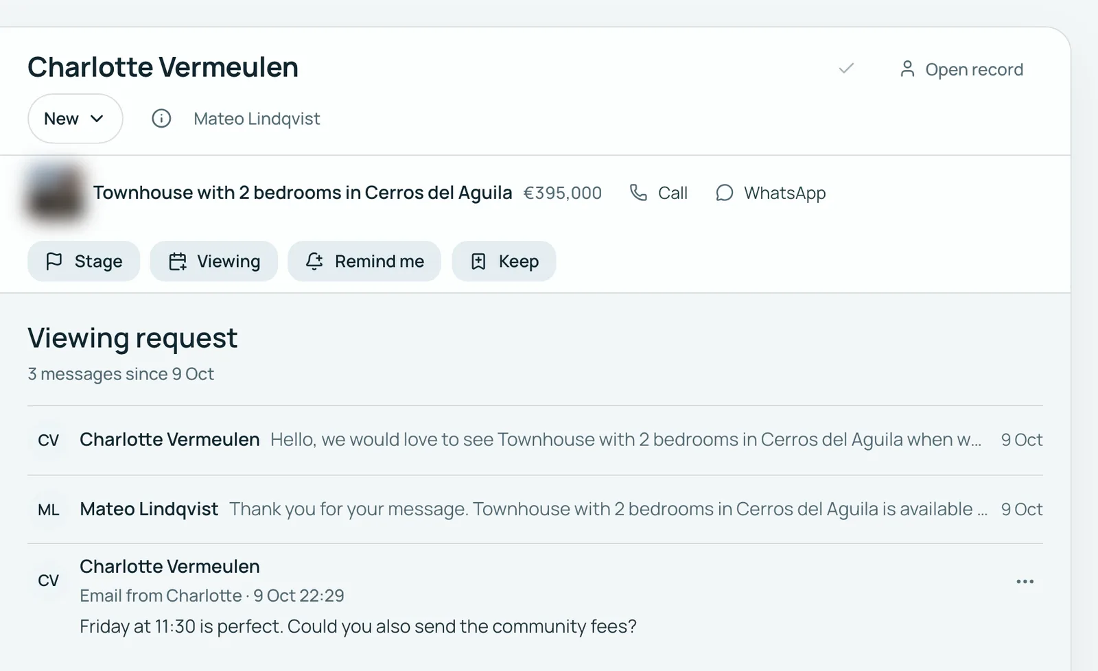 Made up for this page: the inbox, the messages waiting for an answer, and one opened with the reply that is due