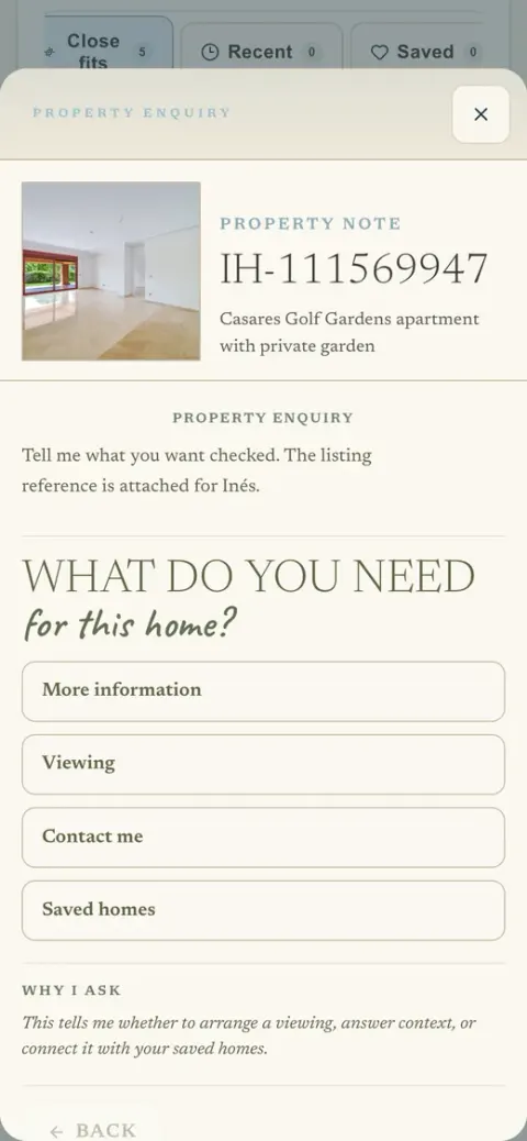 The enquiry for a home on a phone: What do you need for this home, with More information, Viewing, Contact me and Saved homes