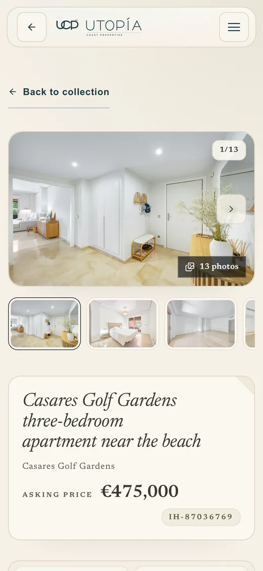 A home for sale on the working site on a phone: a three-bedroom apartment near the beach, its photographs and the asking price