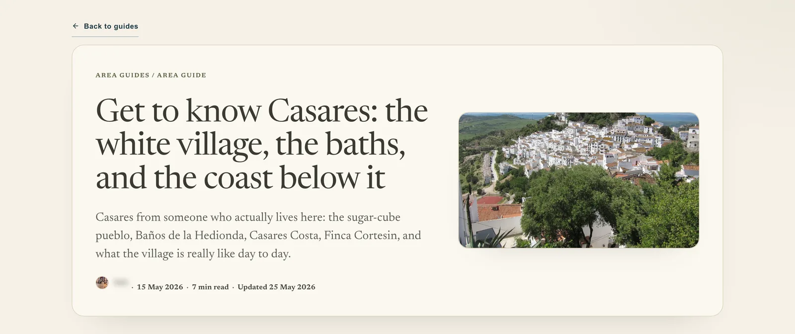 The Casares area guide at a desk: Get to know Casares, with a photograph of the white village