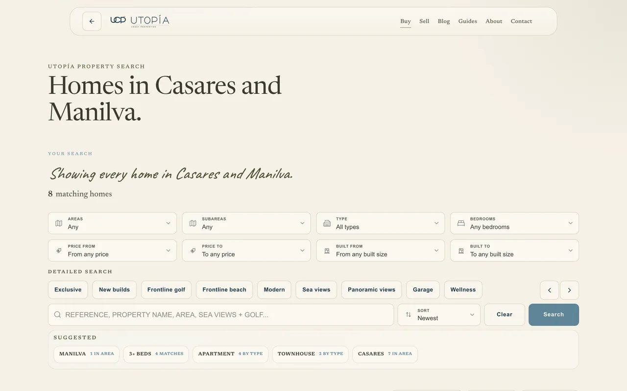 The property search on the working site on a laptop: Homes in Casares and Manilva, with its filters