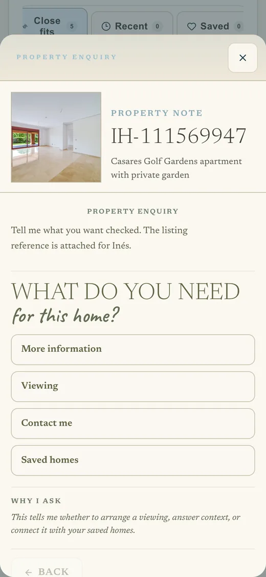 The enquiry for a home on a phone: What do you need for this home, with More information, Viewing, Contact me and Saved homes