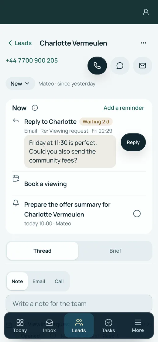 Made up for this page: one lead on a phone, the reply that is due, the viewing to book and the emails
