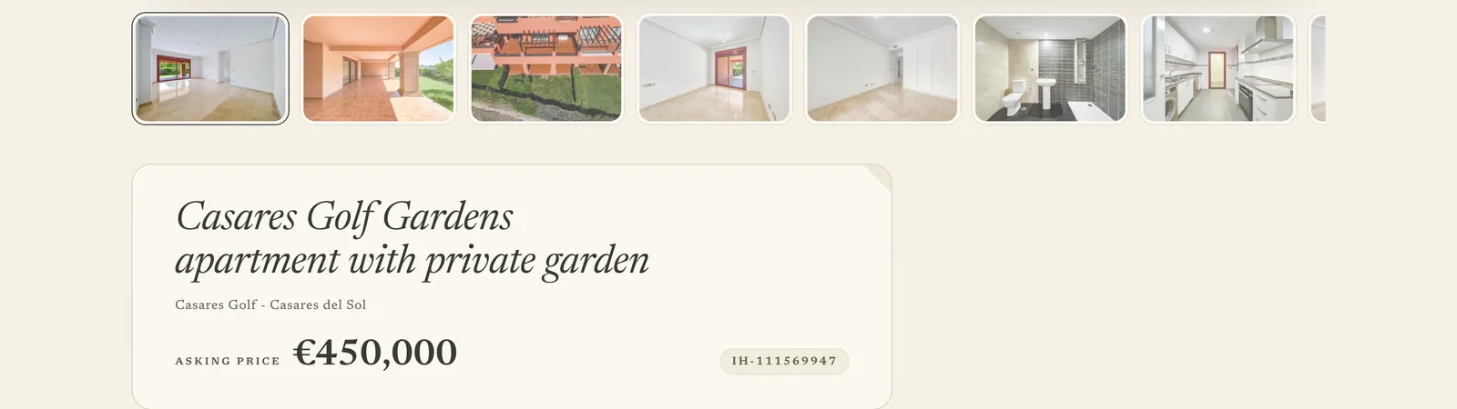 A garden apartment for sale at a desk: its photographs, one large and the rest in a strip under it